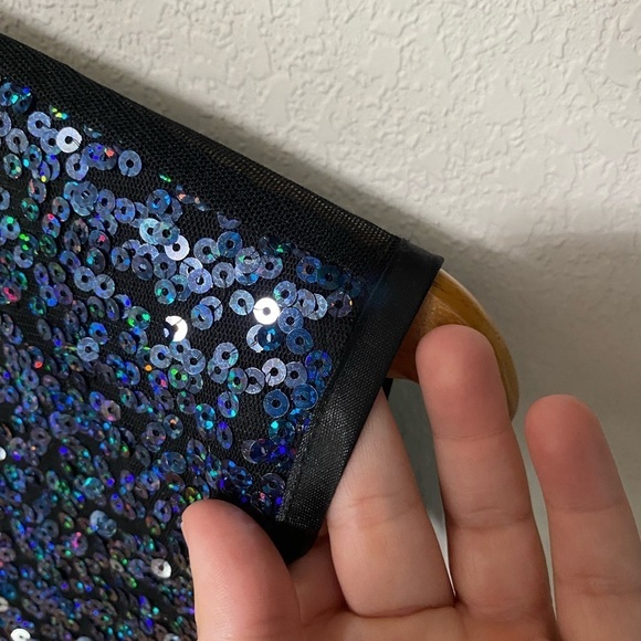 ASOS blue and black sequin mesh back backless cap sleeve dress party event sz 6 - Picture 11 of 12